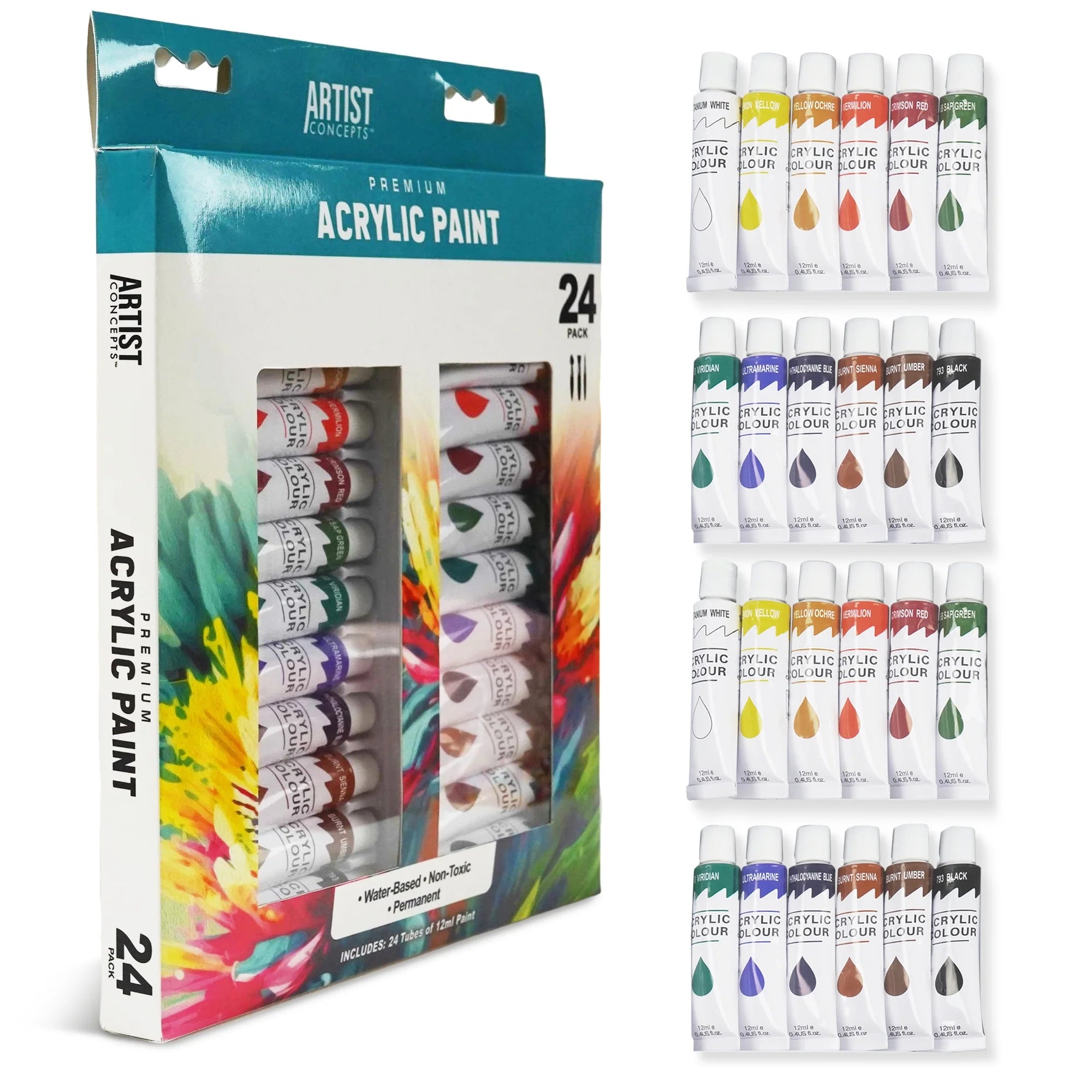 Artist Concepts Acrylic Paint Set Art Supplies Paint Tubes for Canvas and Arts and Crafts, 12 ml, 24 Pack