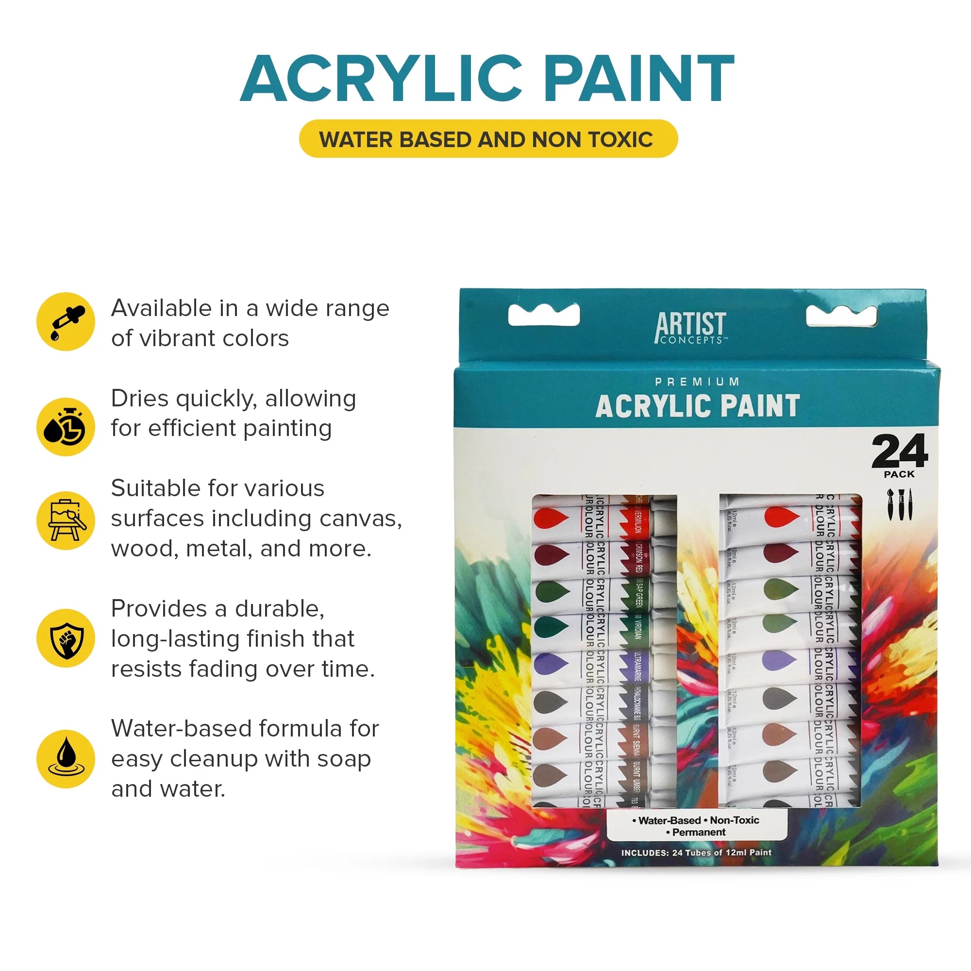 Artist Concepts Acrylic Paint Set Art Supplies Paint Tubes for Canvas and Arts and Crafts, 12 ml, 24 Pack