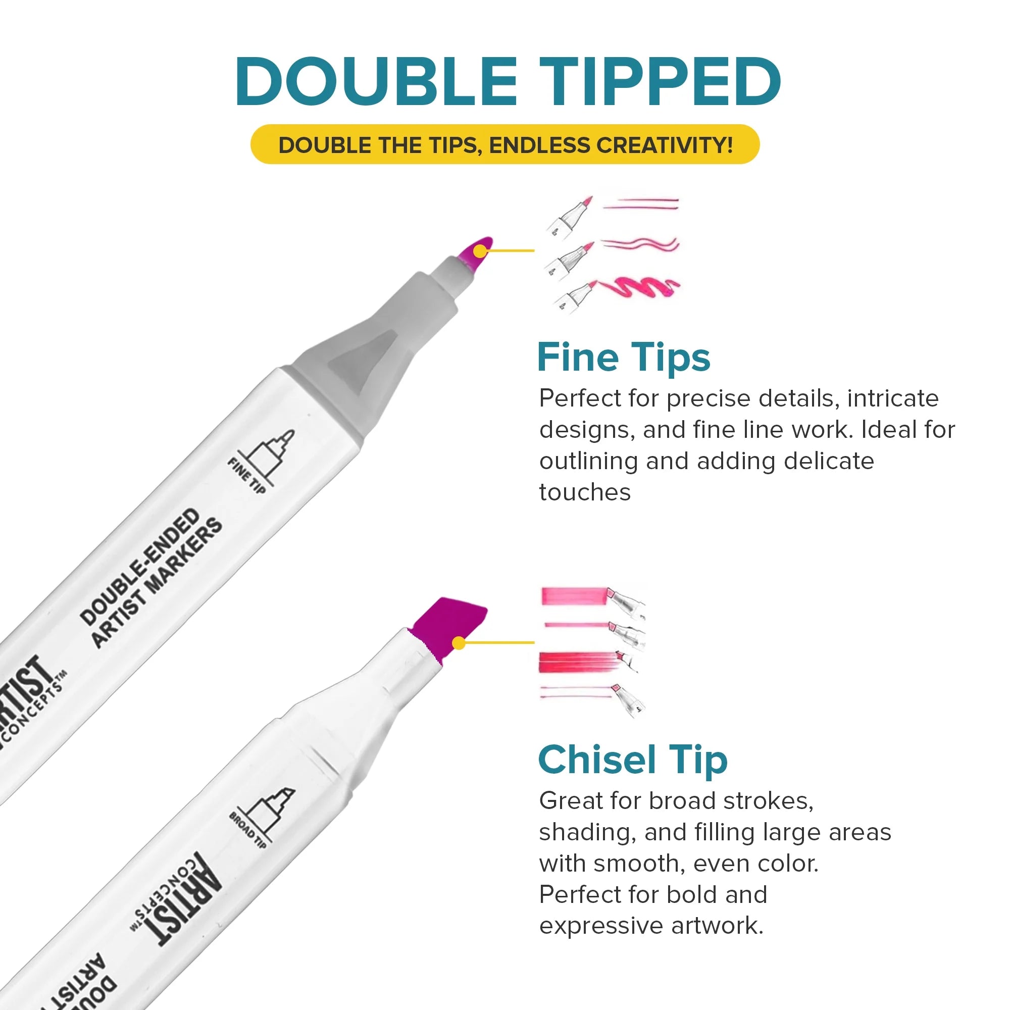 Artist Concepts Double Ended Alcohol Markers Dual Tip Artist Markers with Case Organizer, White, 144 Pack