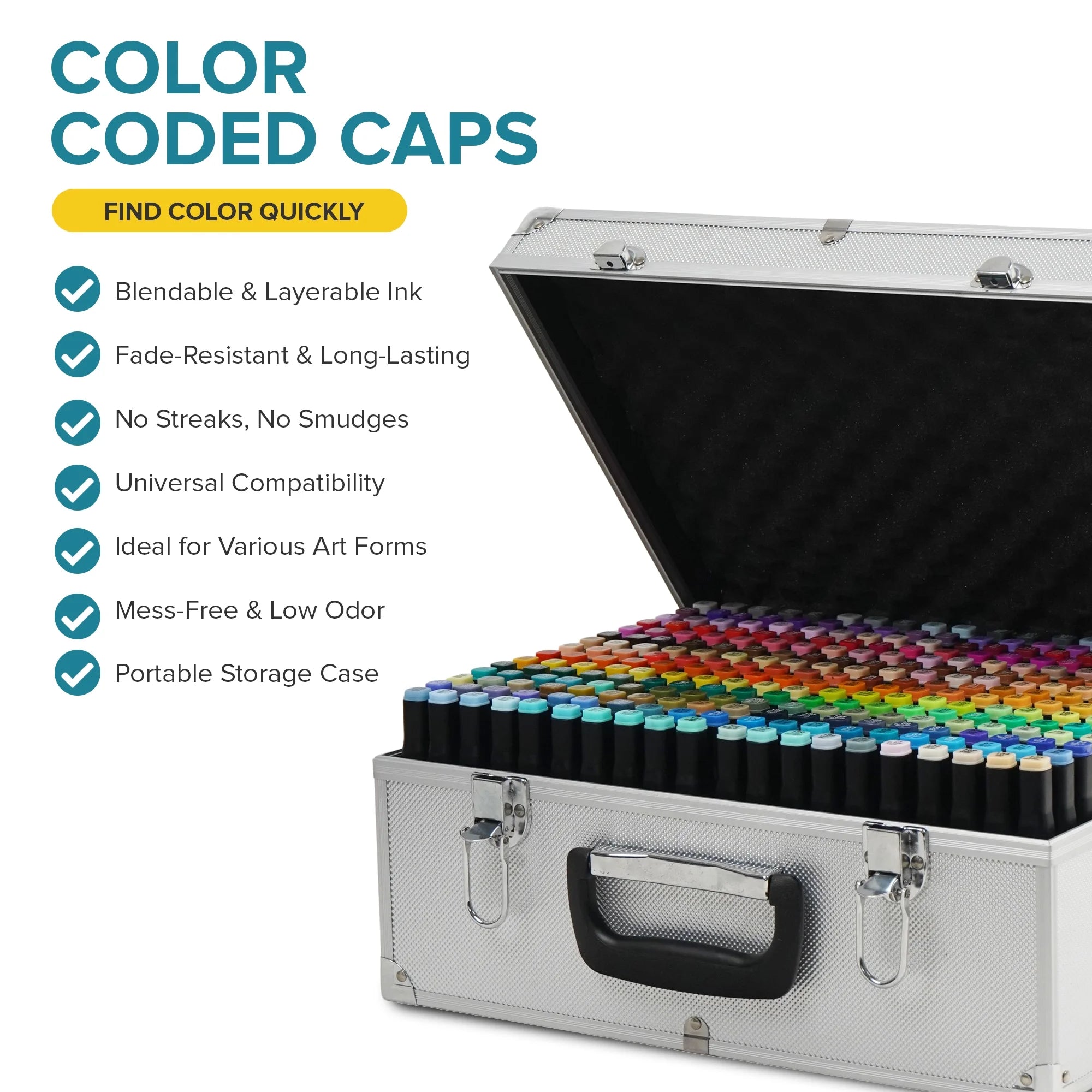 Artist Concepts Double Ended Alcohol Markers Dual Tip Artist Markers with Metal Carriny Case Organizer, Black, 300 Pack