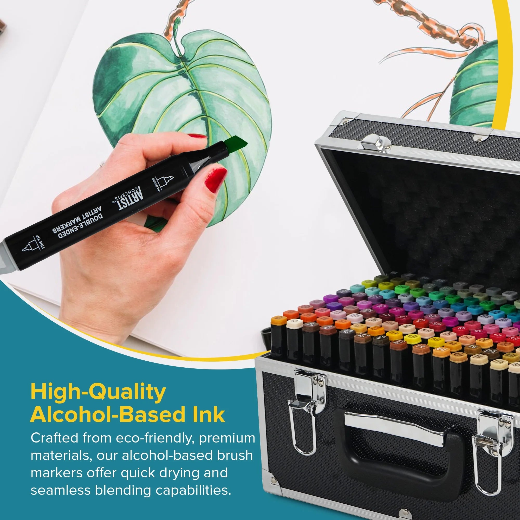 Artist Concepts Double Ended Alcohol Markers Dual Tip Markers with Metal Carrying Case Organizer, Black, 160 Pack
