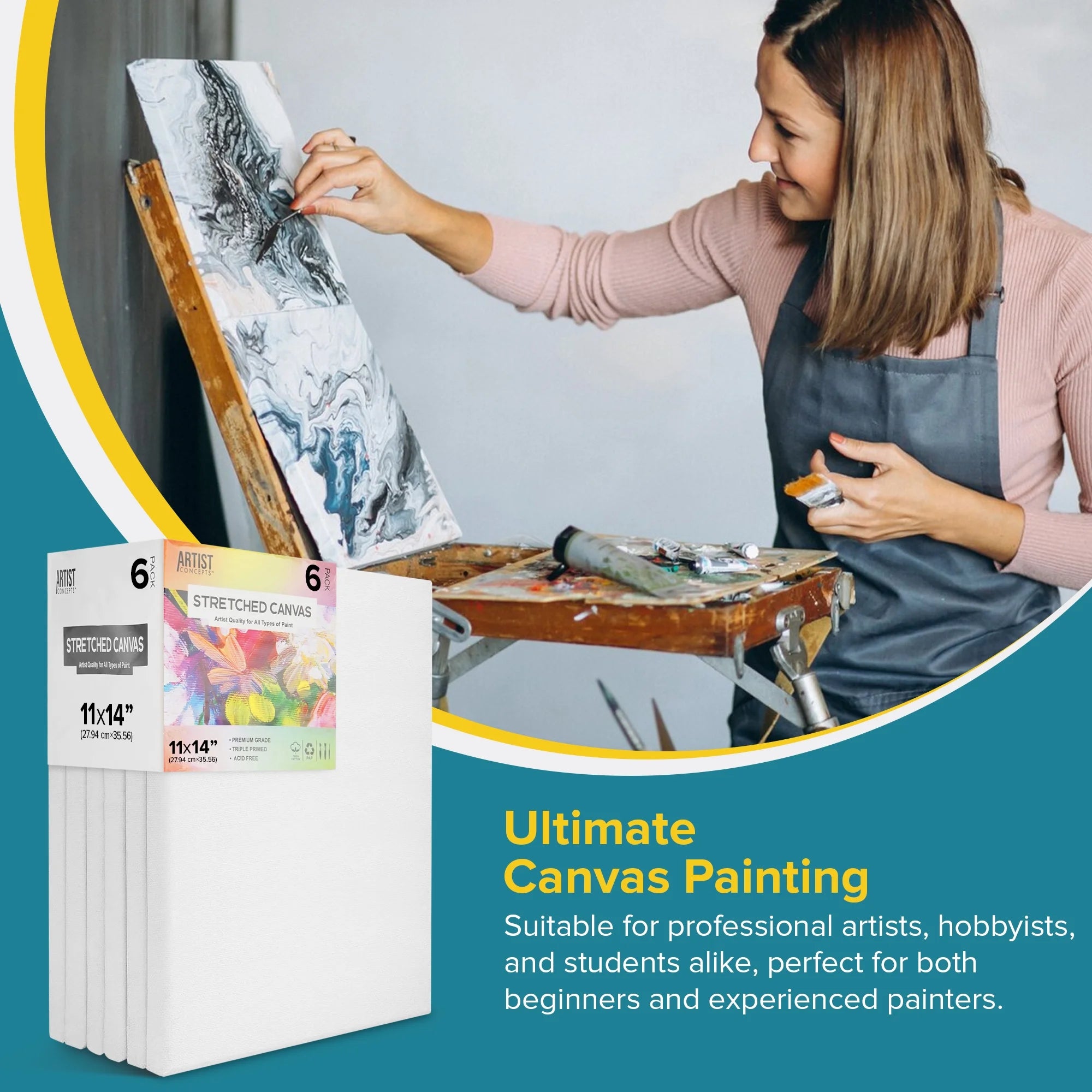 Artist Concepts Pre-Stretched Sturdy Blank Canvas Frames For Painting Crafts, 11x14”, 6 Pack