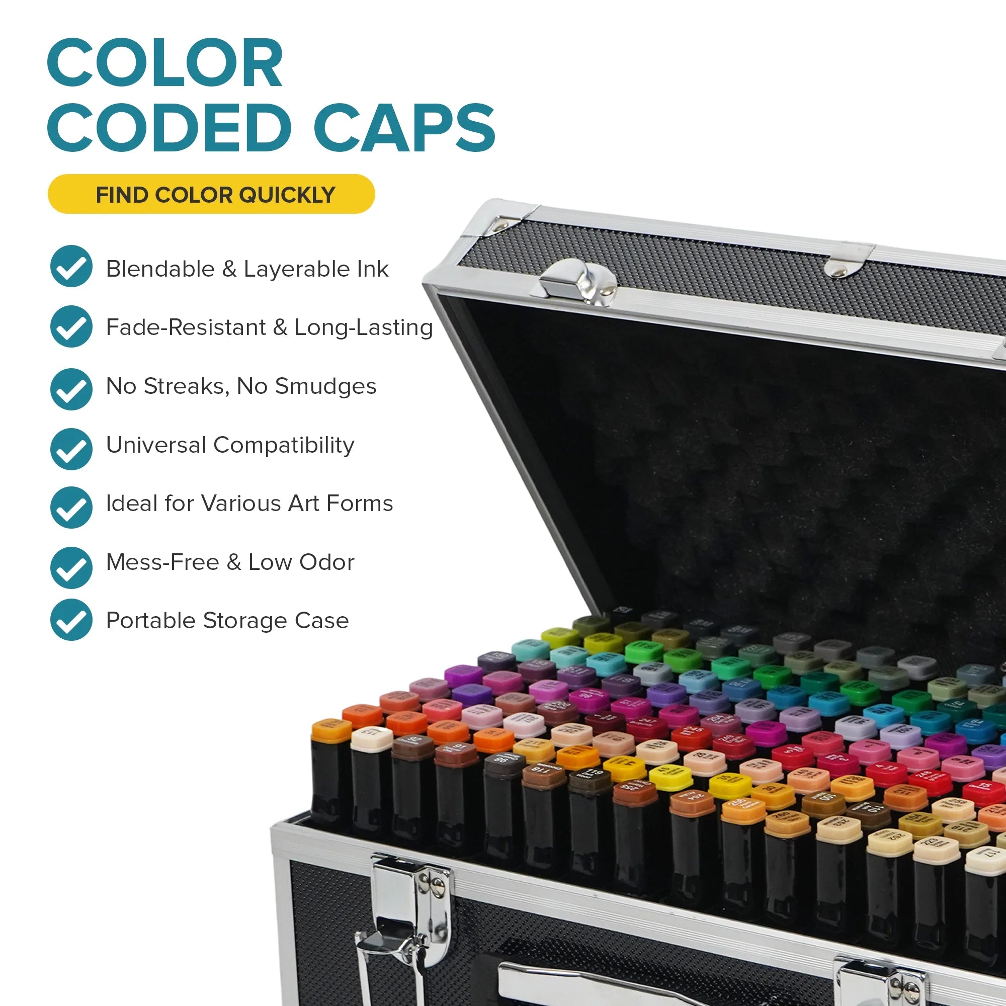 Artist Concepts Double Ended Alcohol Markers Dual Tip Markers with Metal Carrying Case Organizer, Black, 160 Pack