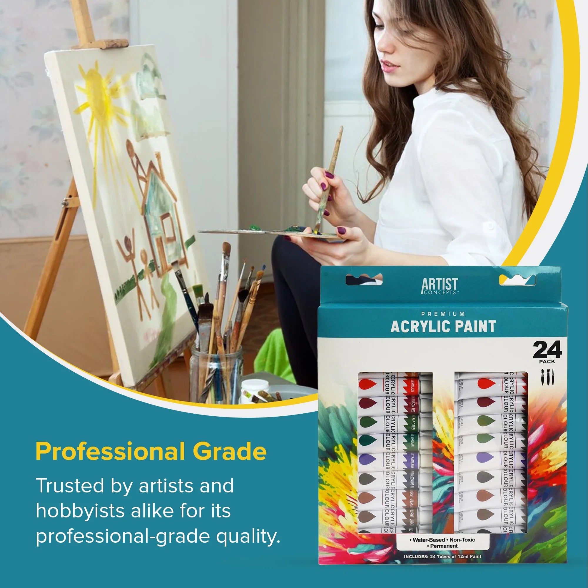Artist Concepts Acrylic Paint Set Art Supplies Paint Tubes for Canvas and Arts and Crafts, 12 ml, 24 Pack