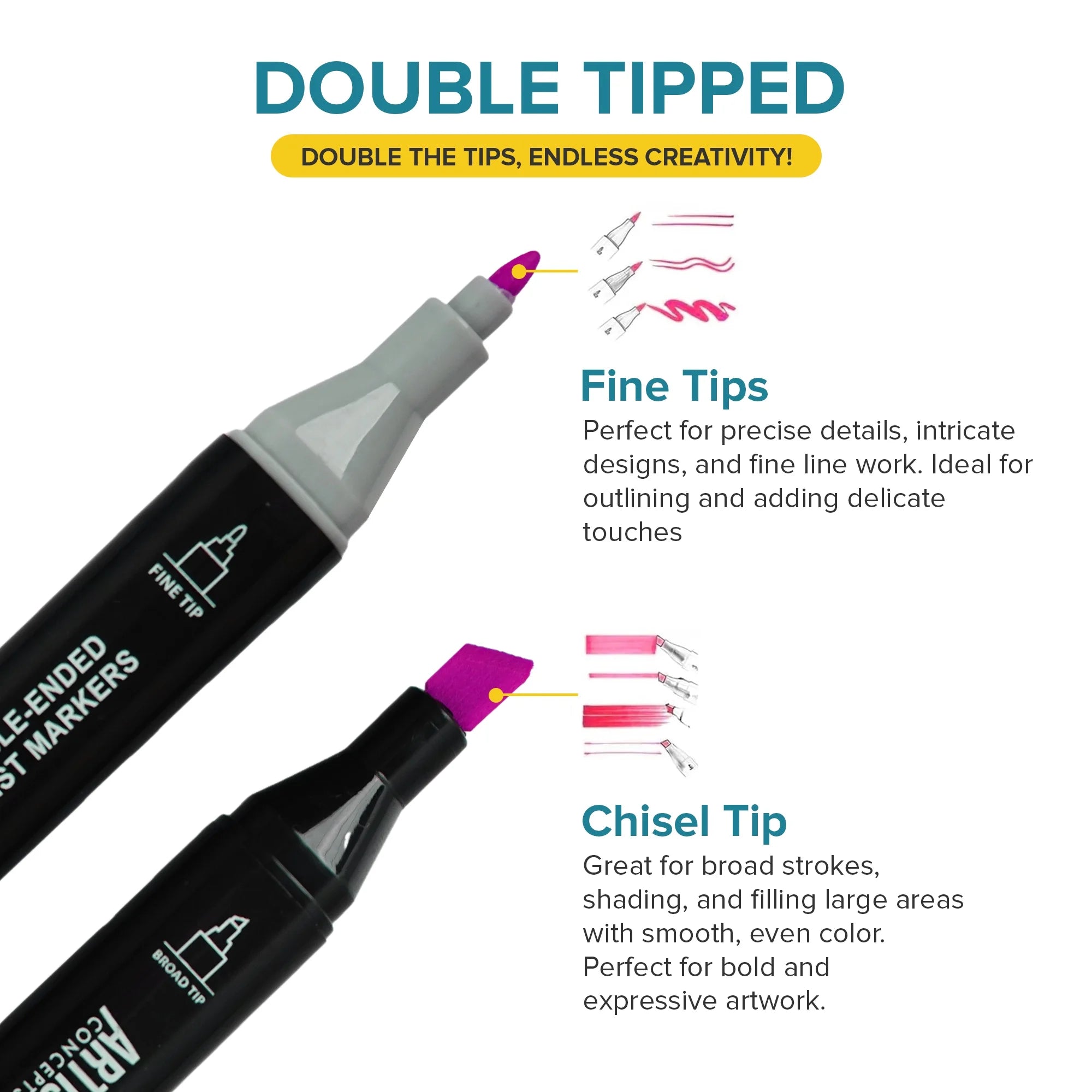 Artist Concepts Double Ended Alcohol Markers Dual Tip Artist Markers with Metal Carriny Case Organizer, Black, 300 Pack