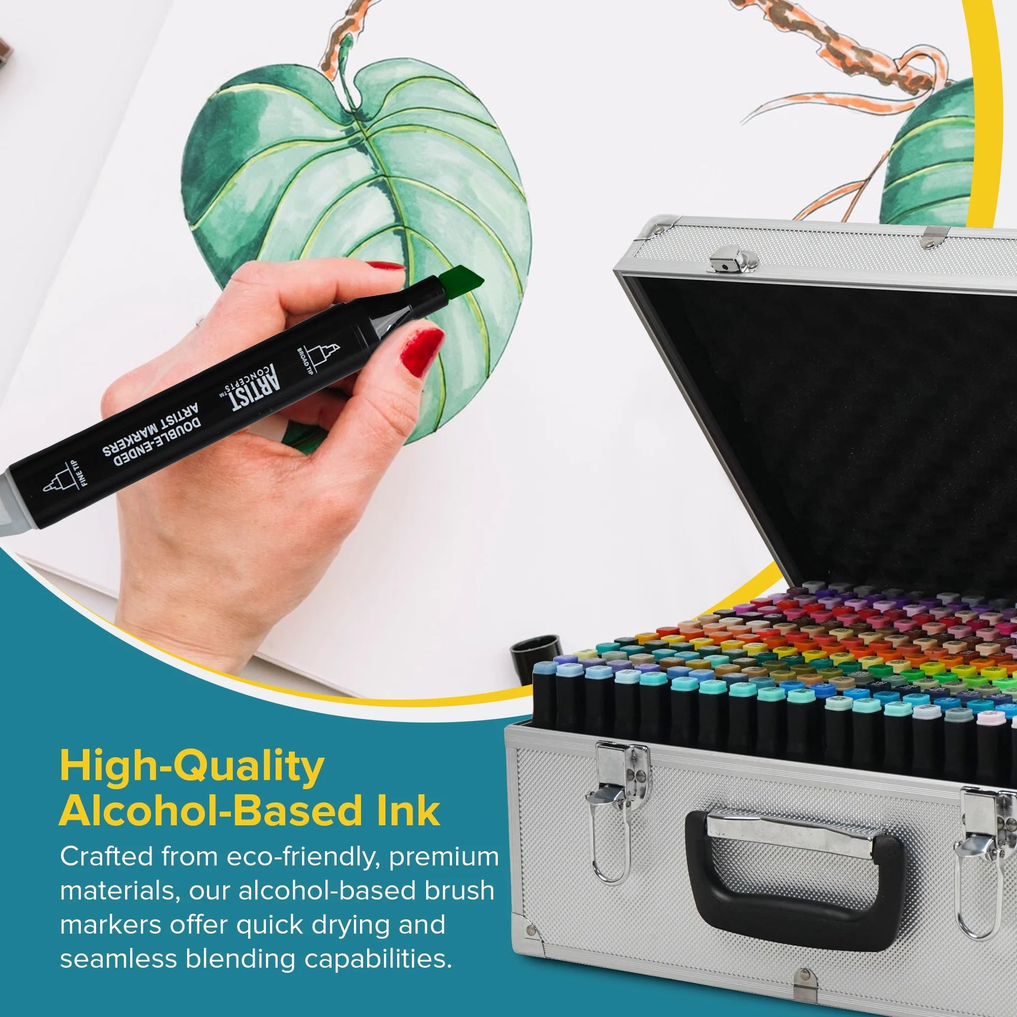 Artist Concepts Double Ended Alcohol Markers Dual Tip Artist Markers with Metal Carriny Case Organizer, Black, 300 Pack