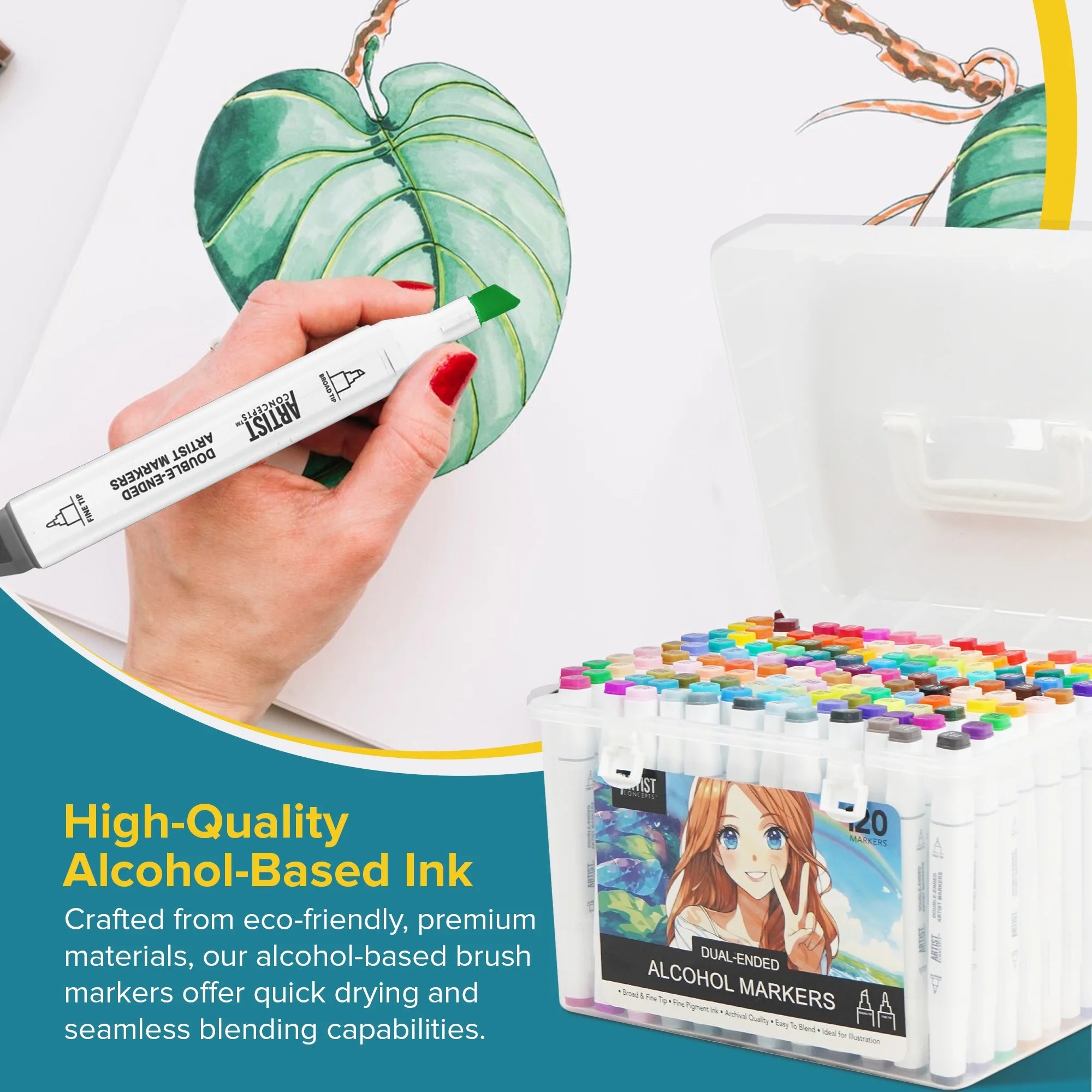 Artist Concepts Double Ended Alcohol Markers Dual Tip Artist Markers with Case Organizer, White, 120 Pack