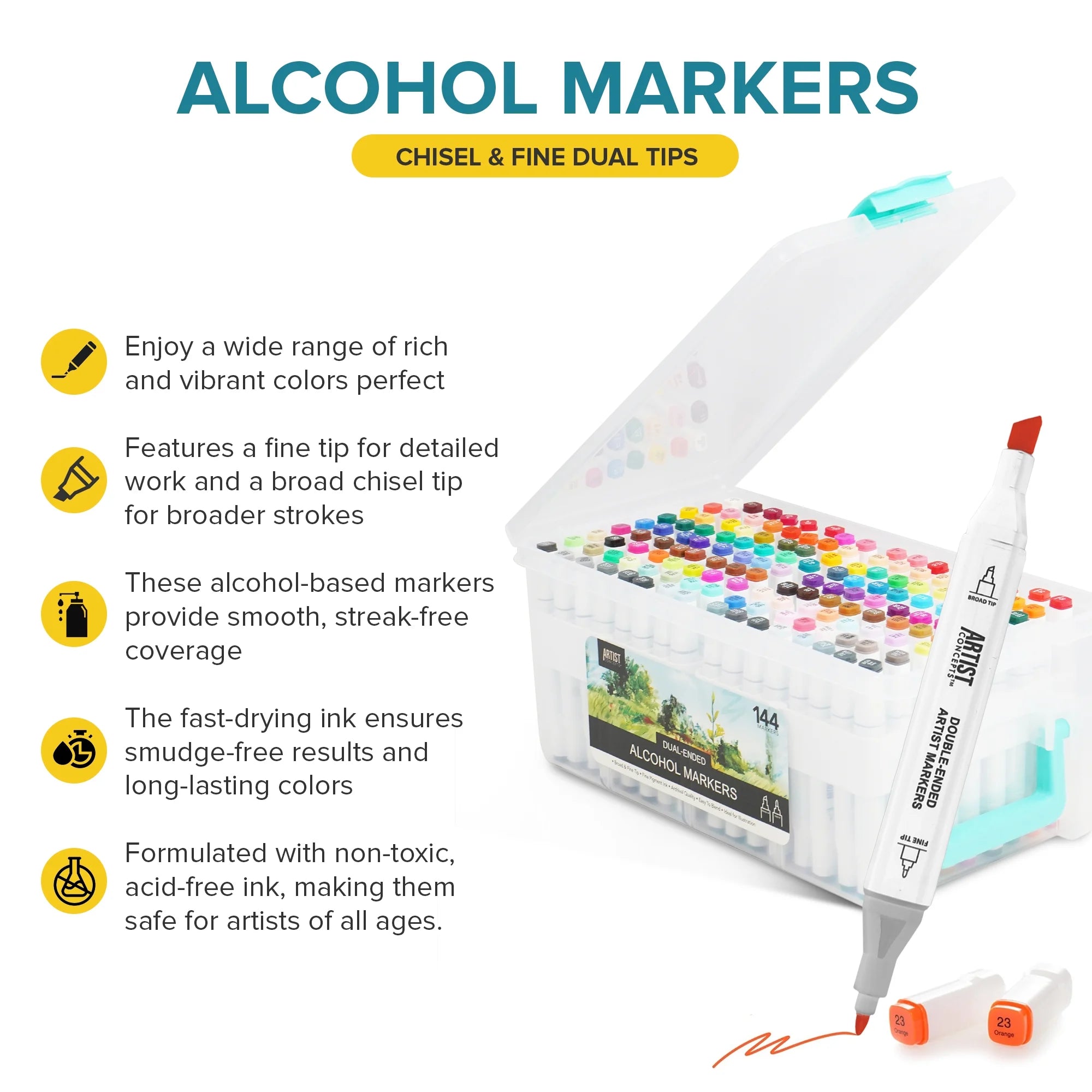 Artist Concepts Double Ended Alcohol Markers Dual Tip Artist Markers with Case Organizer, White, 144 Pack