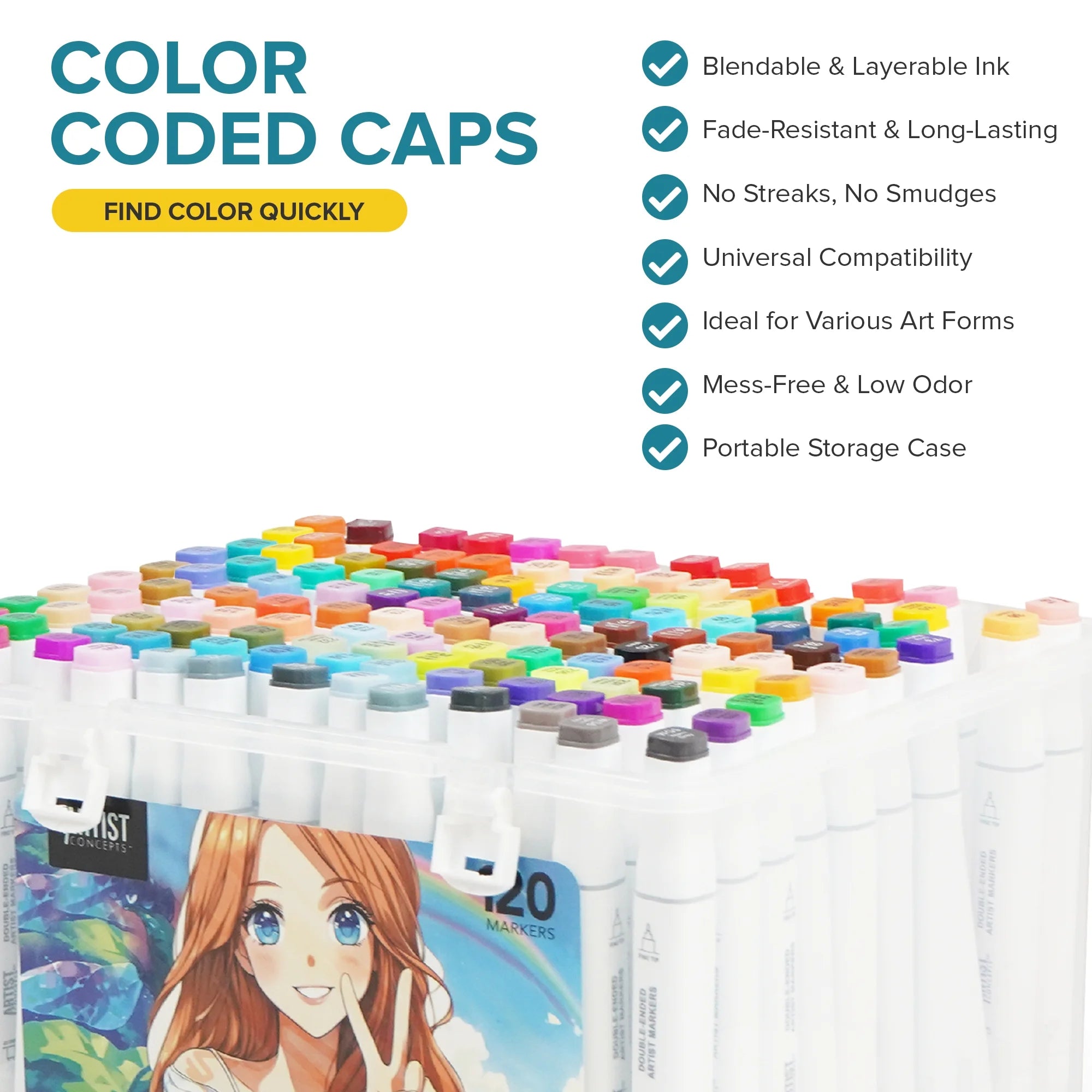 Artist Concepts Double Ended Alcohol Markers Dual Tip Artist Markers with Case Organizer, White, 120 Pack