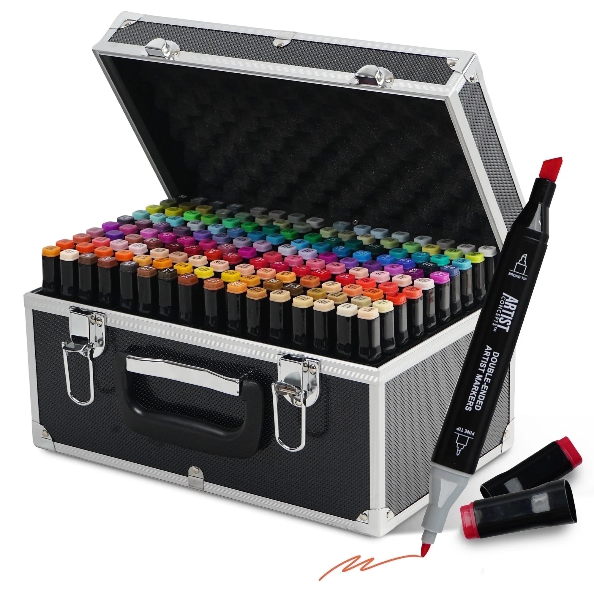 Artist Concepts Double Ended Alcohol Markers Dual Tip Markers with Metal Carrying Case Organizer, Black, 160 Pack
