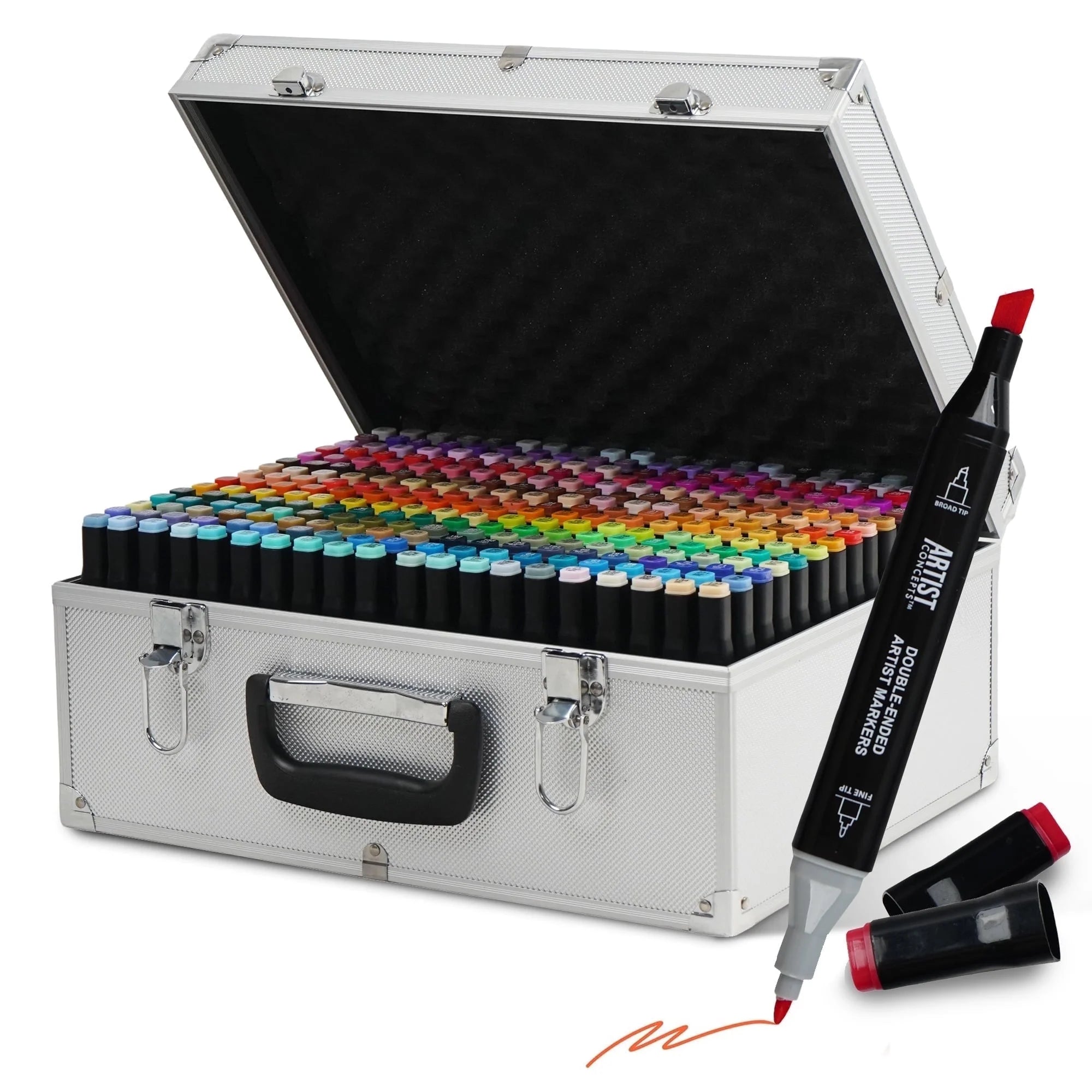 Artist Concepts Double Ended Alcohol Markers Dual Tip Artist Markers with Metal Carriny Case Organizer, Black, 300 Pack
