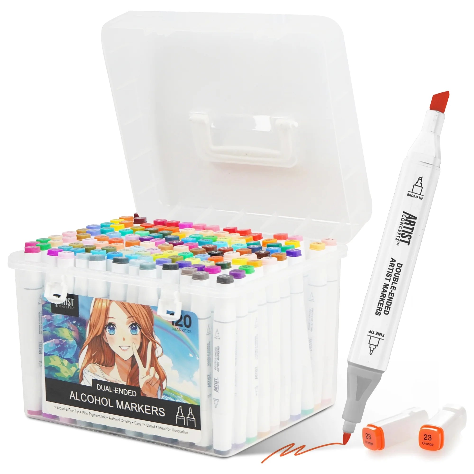Artist Concepts Double Ended Alcohol Markers Dual Tip Artist Markers with Case Organizer, White, 120 Pack
