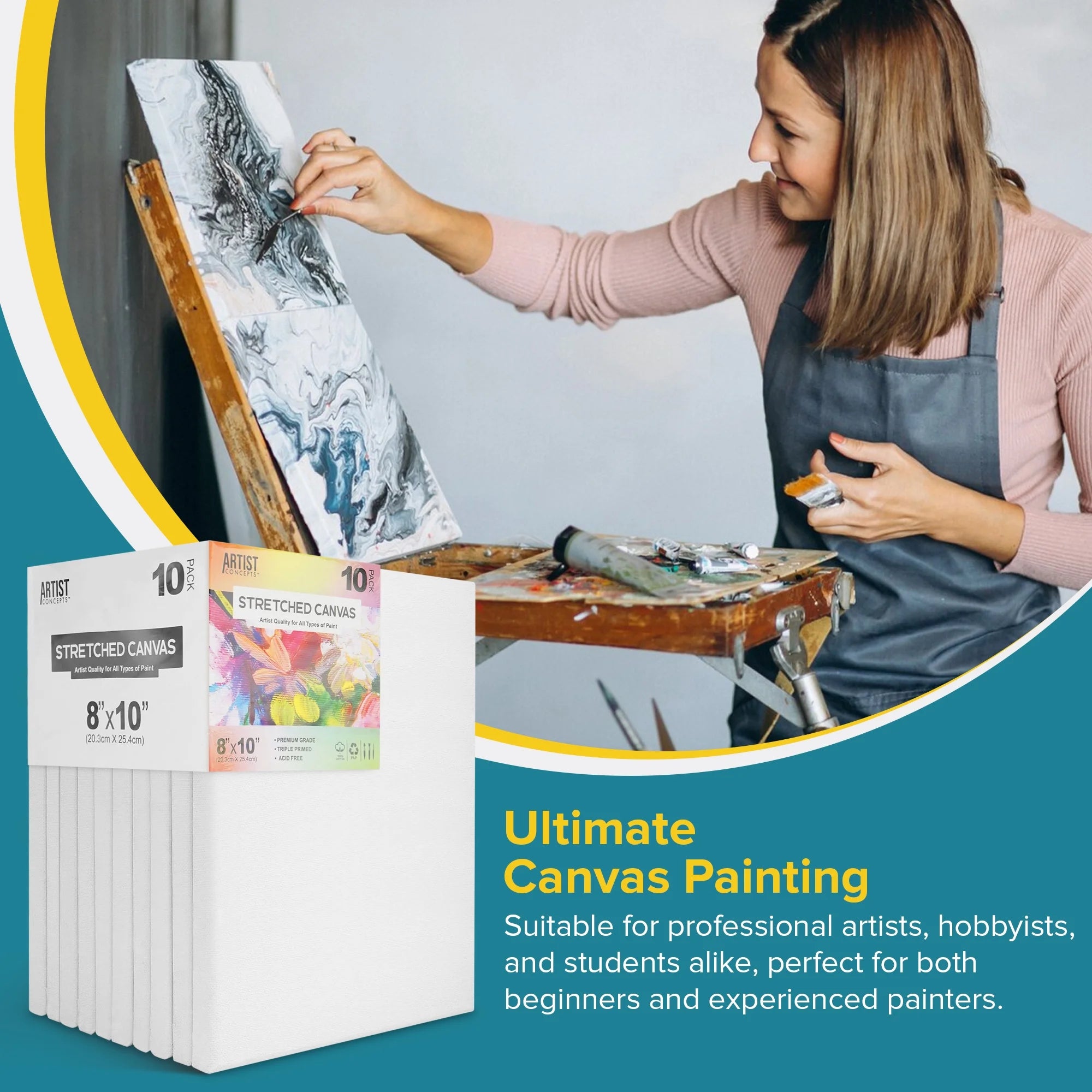 Artist Concepts Pre-Stretched Sturdy Blank Canvas Frames For Painting Crafts, 8x10”, 10 Pack