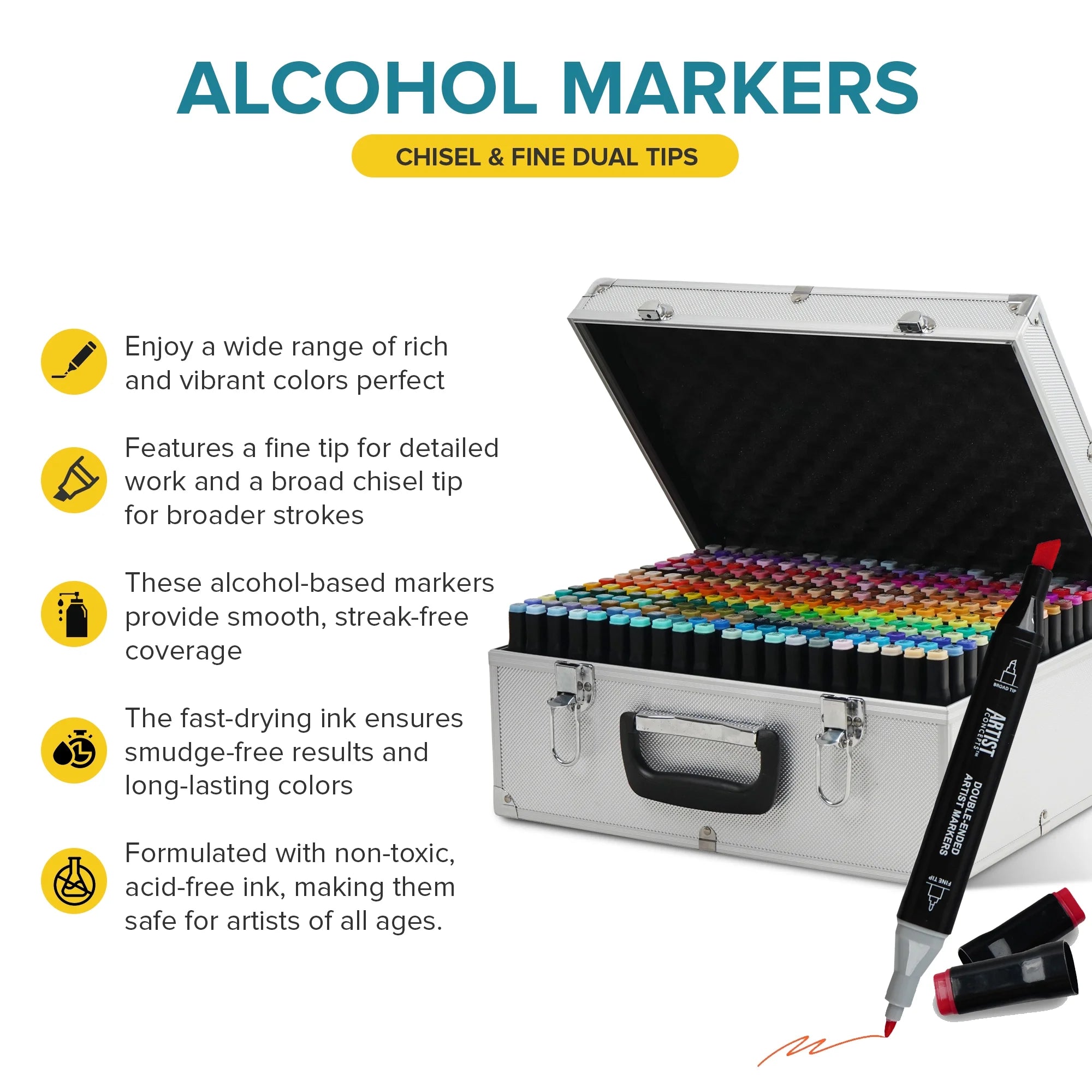 Artist Concepts Double Ended Alcohol Markers Dual Tip Artist Markers with Metal Carriny Case Organizer, Black, 300 Pack