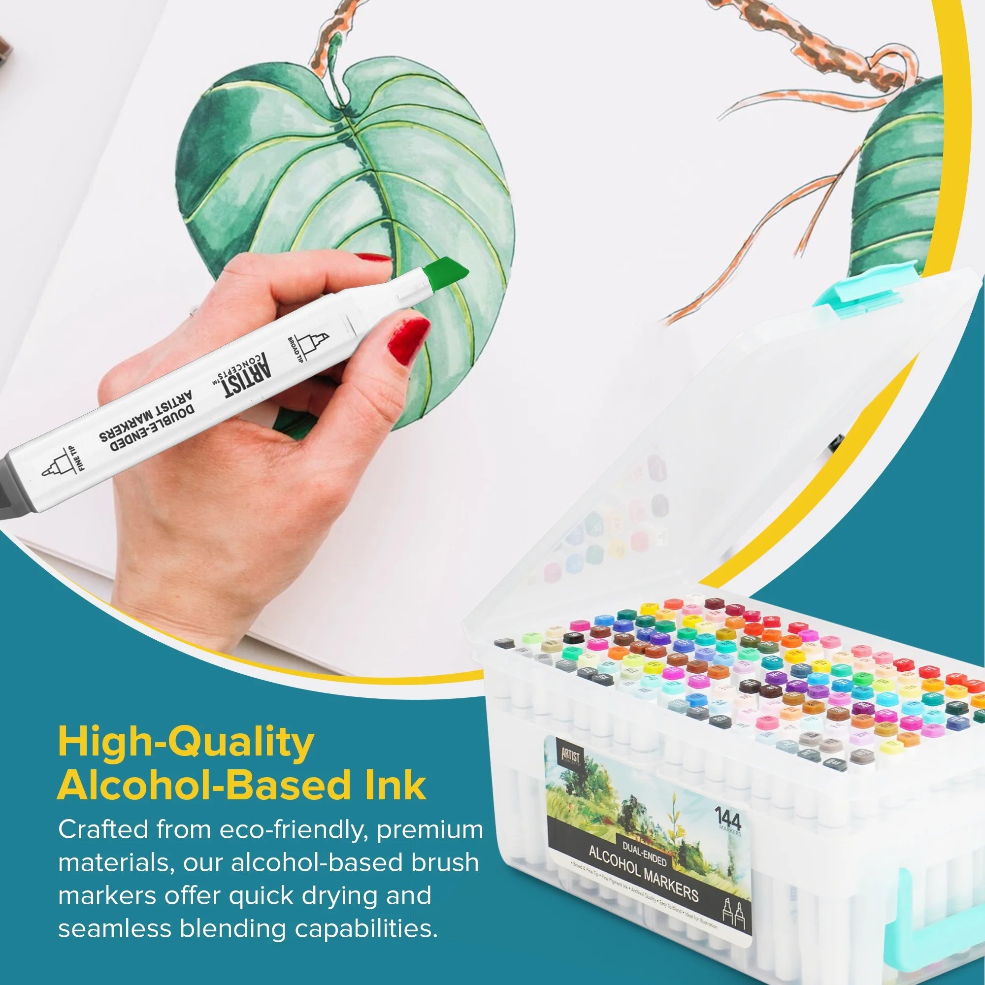 Artist Concepts Double Ended Alcohol Markers Dual Tip Artist Markers with Case Organizer, White, 144 Pack